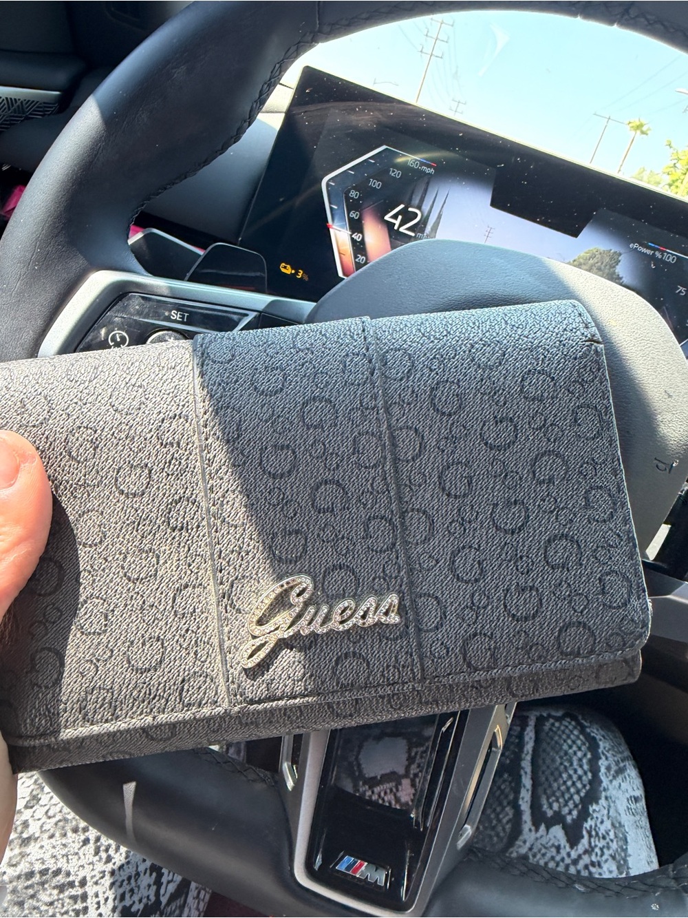 Guess Gray Monogram Fold Wallet with Gold Logo